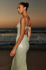 Cahya Mint Green Sequin Tie-Back Midi Dress