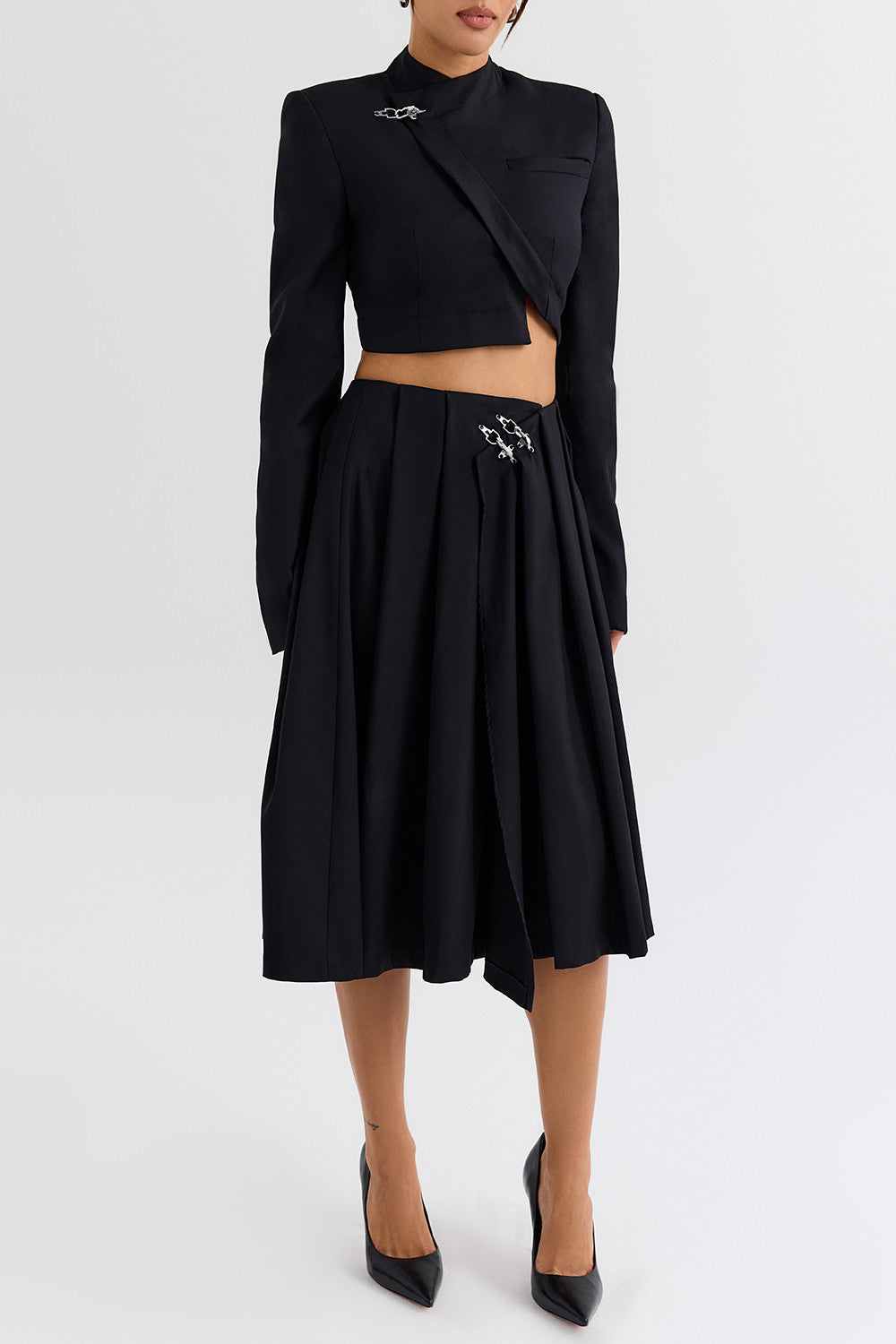 Mistress Rocks Black Pleated Wrap Front Midi Skirt - SALE