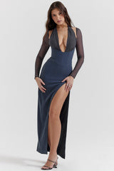 Evangelina Slate Plunge Maxi Dress