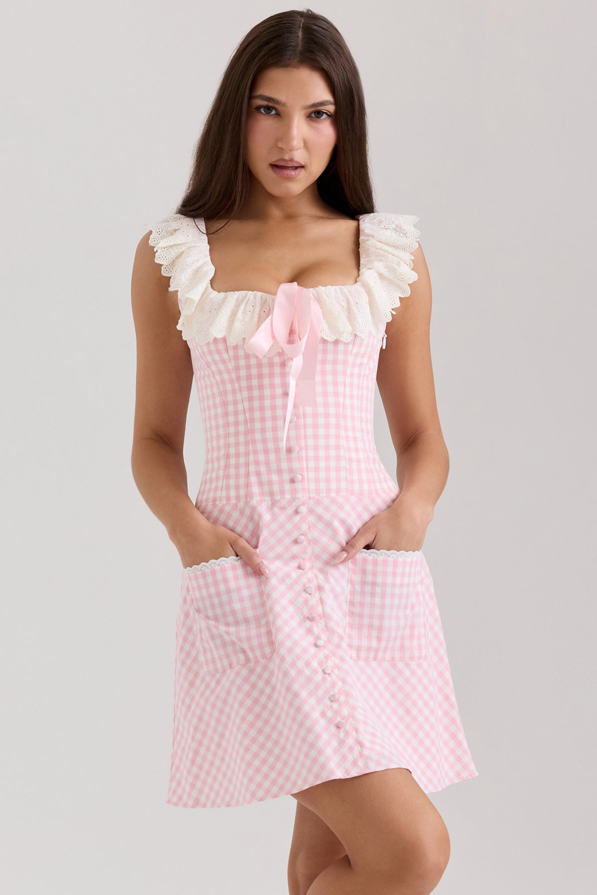 Astra Pink Gingham Cotton Ruffle Neck Mini Dress