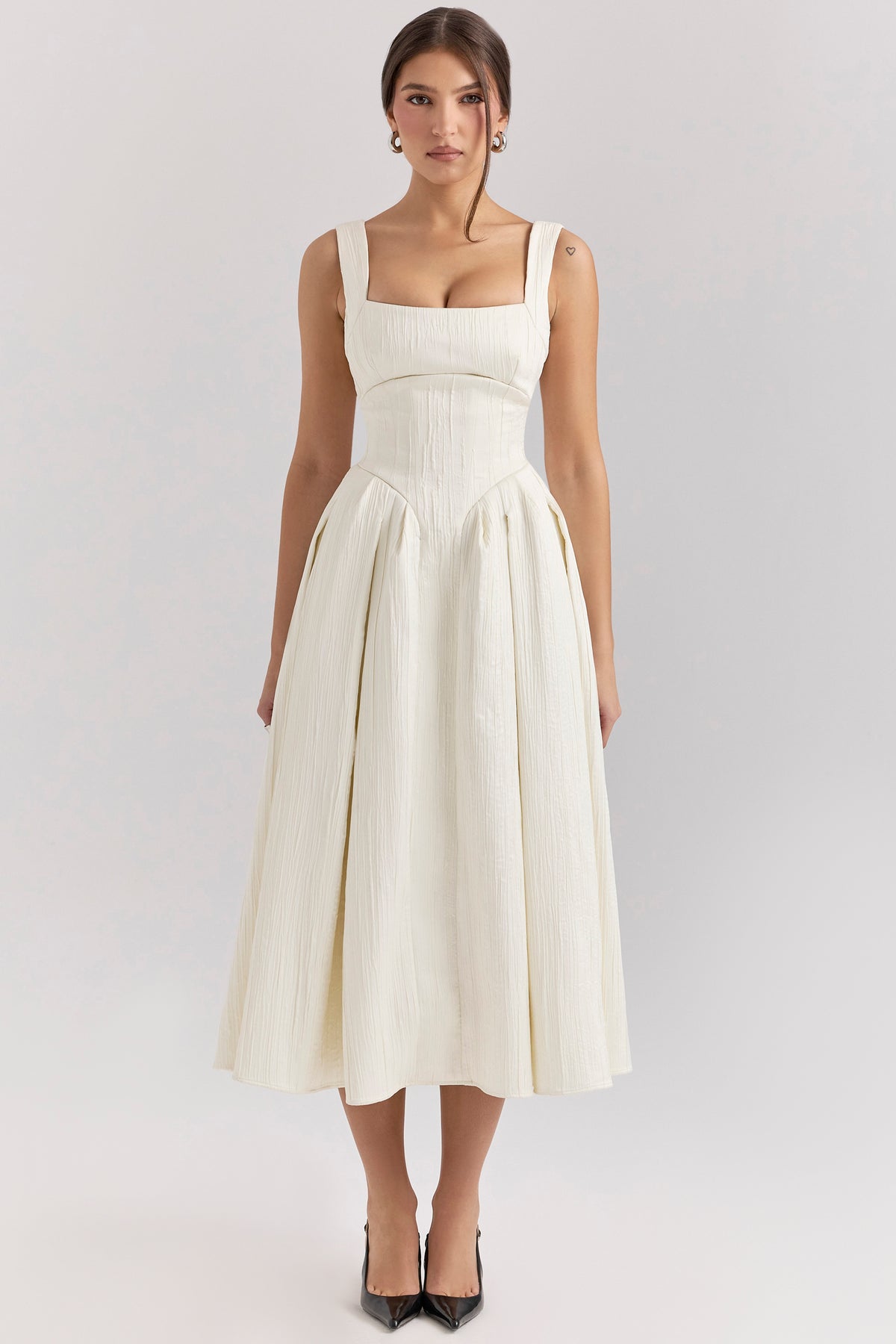 Isabeau Ivory Textured Satin Corset Midi Dress