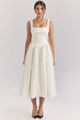 Isabeau Ivory Textured Satin Corset Midi Dress