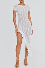 Mistress Rocks White Knit Open Back Ruffle Midi Dress - SALE