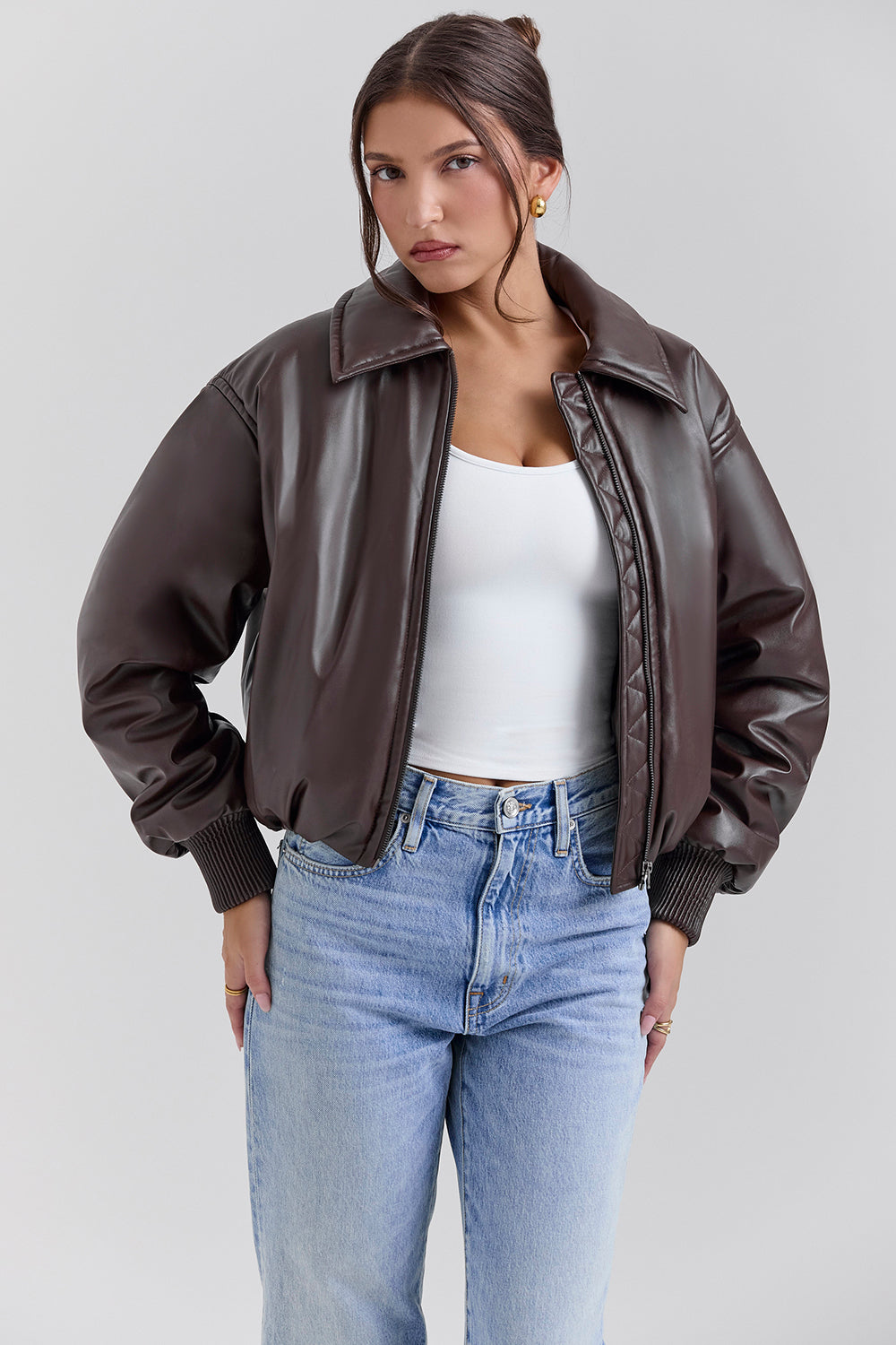 Sante Dark Brown Vegan Leather Bomber Jacket