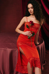 Mistress Rocks Rose Red Satin & Lace Midi Dress - SALE