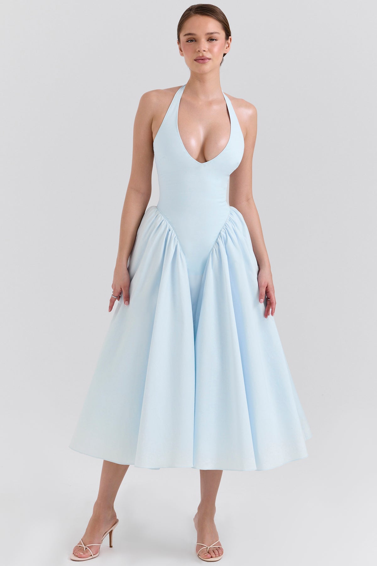 Marilyn Soft Blue Cotton Twill Halter Midi Sundress