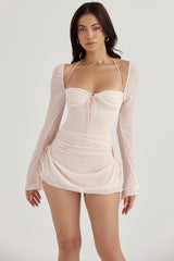 Baby Pink Quartz Chiffon Cutout Halter Mini Dress