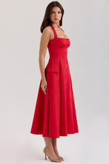 Claudia Red Stretch Cotton Button Halter Neck Midi Dress