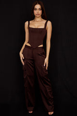 Daria Chocolate Satin Cargo Trousers