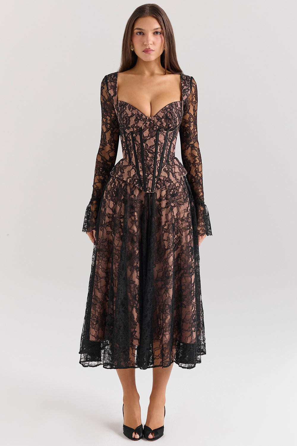 Raquel Black Lace Corset Midi Dress - SALE
