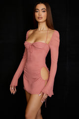 Baby Pink Chiffon Cutout Halter Mini Dress