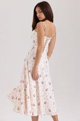 Steffani White Stretch Cotton Rose Print Midi Sundress