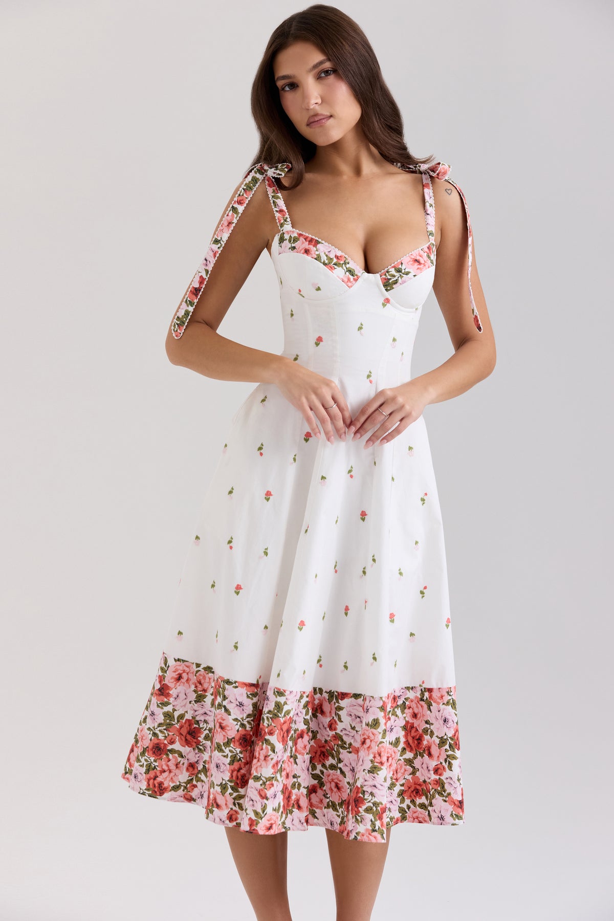 Emely White Floral Print Stretch Cotton Midi Sundress