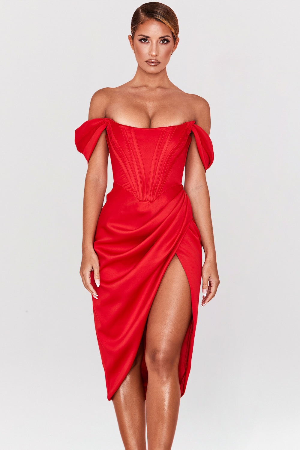 Loretta Red Satin Off Shoulder Dress