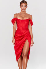Loretta Red Satin Off Shoulder Dress