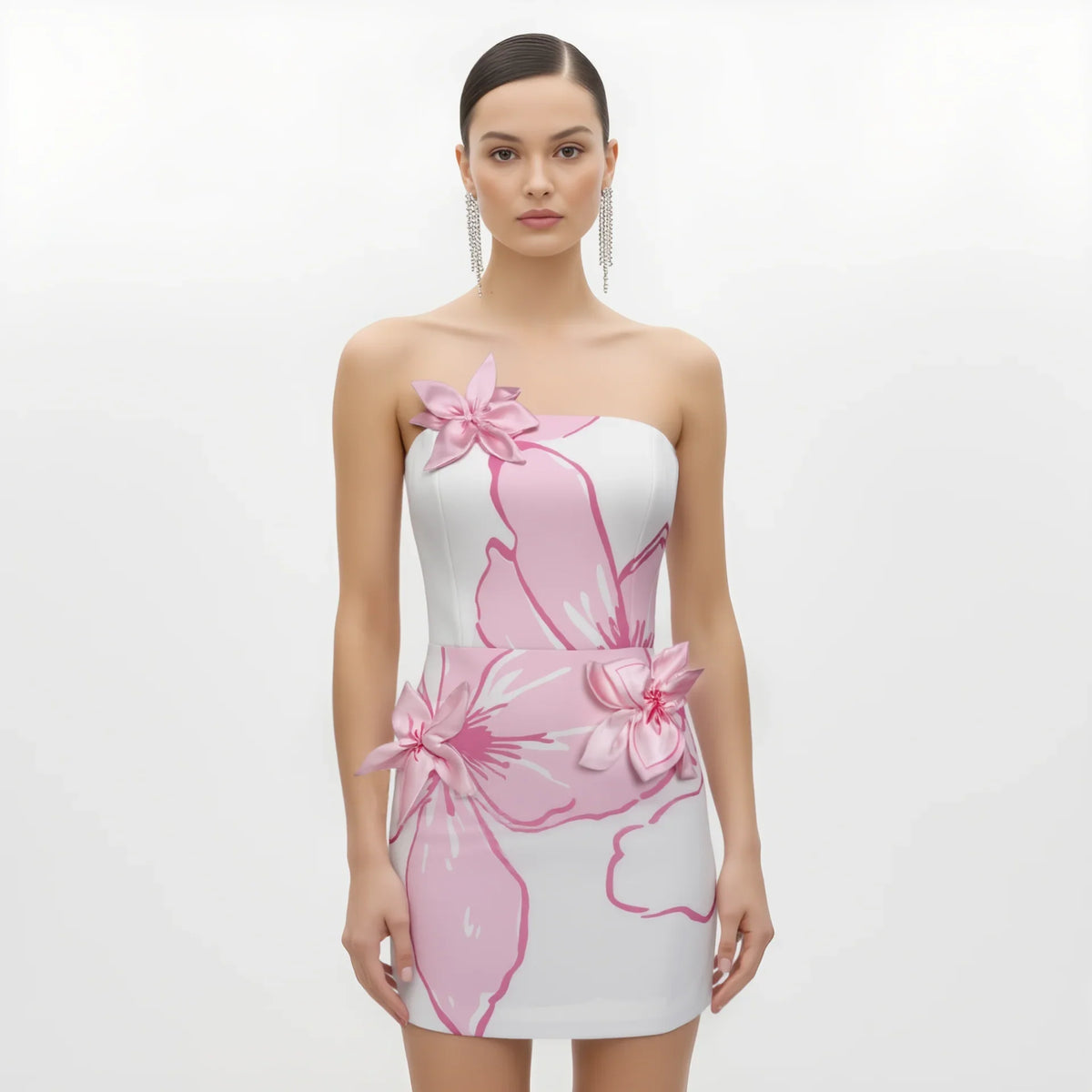 Mini Dress with Pink Floral Appliqués - White/Pink