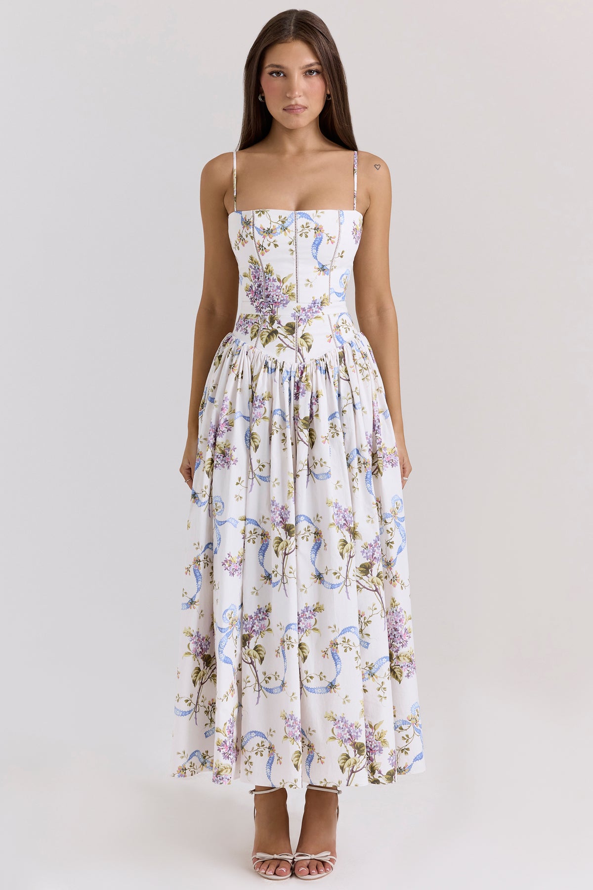 Ysabella Off White Vintage Ribbon Print Cotton Midi Sundress