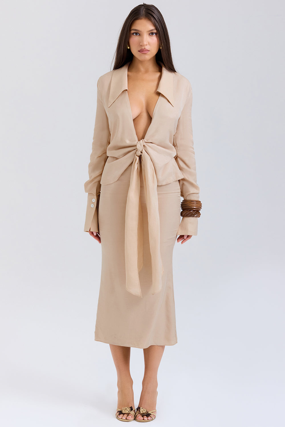 Nevaeh Almond Plunge Shirt Midi Dress