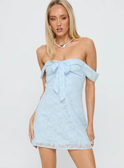 Christiana Off Shoulder Mini Dress Light Blue Burnout