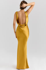 Safaira Amber Satin Draped Cowl Neck Maxi Dress