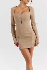 Mistress Rocks Smokey Brown Fitted Long Sleeve Mini Dress - SALE