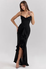 Gabbi Black Mesh Ruffled Front Gown