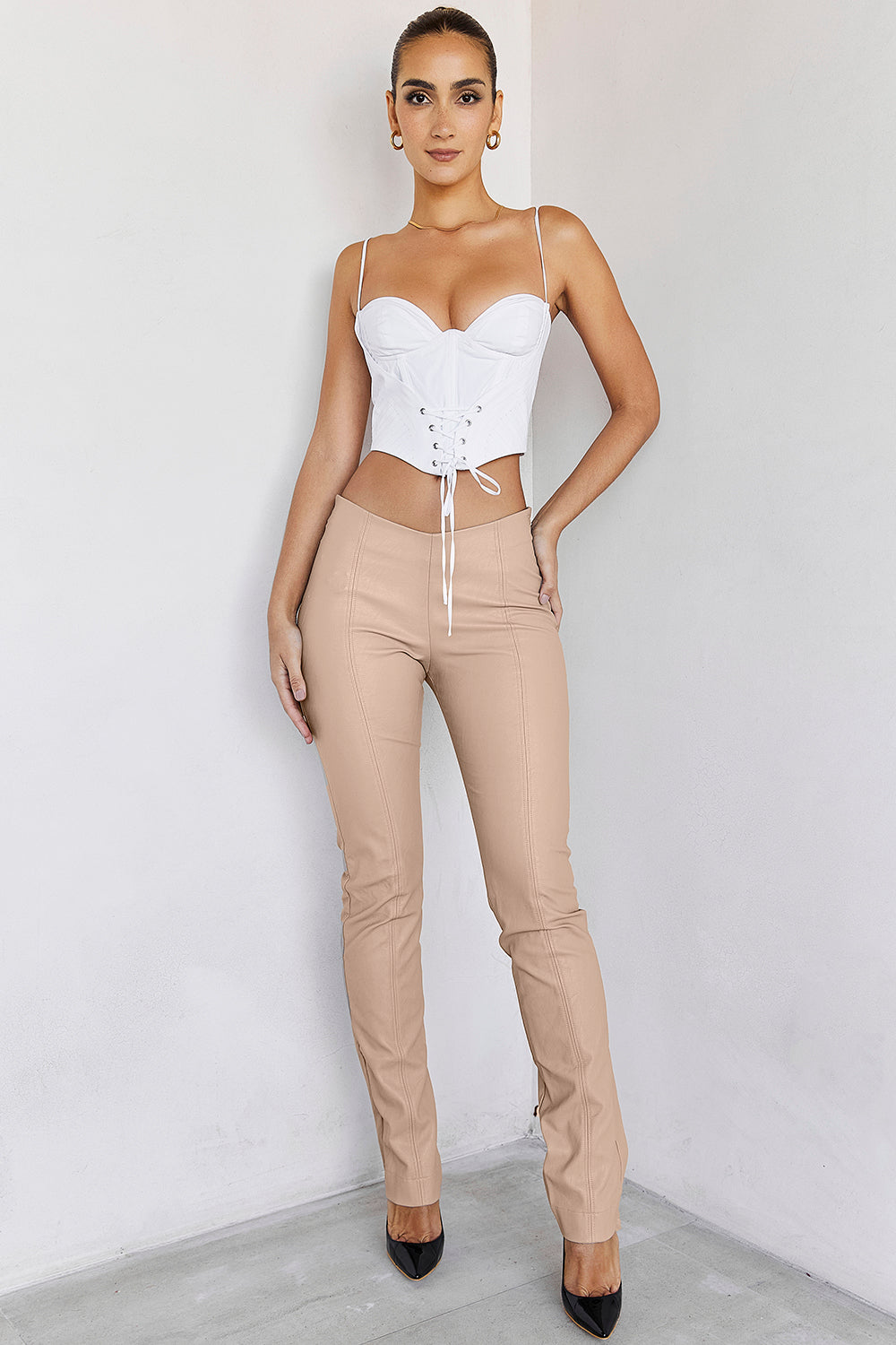 RivieraMistress Rocks  Beige Low Rise Vegan Leather Trousers - SALE