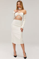 GalaMistress Rocks  Off White Satin Tie Waist Midi Skirt - SALE