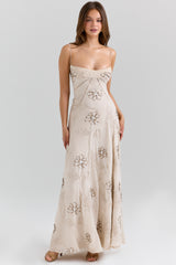 Seren Vanilla Embroidered Hand Beaded Floral Maxi Dress