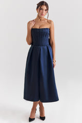 Bellina Midnight Blue Strapless Detachable Bow Midi Dress