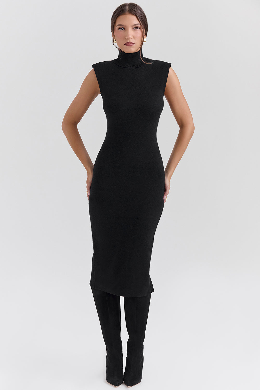 Gaia Black Cashmere Blend Turtle Neck Midi Dress