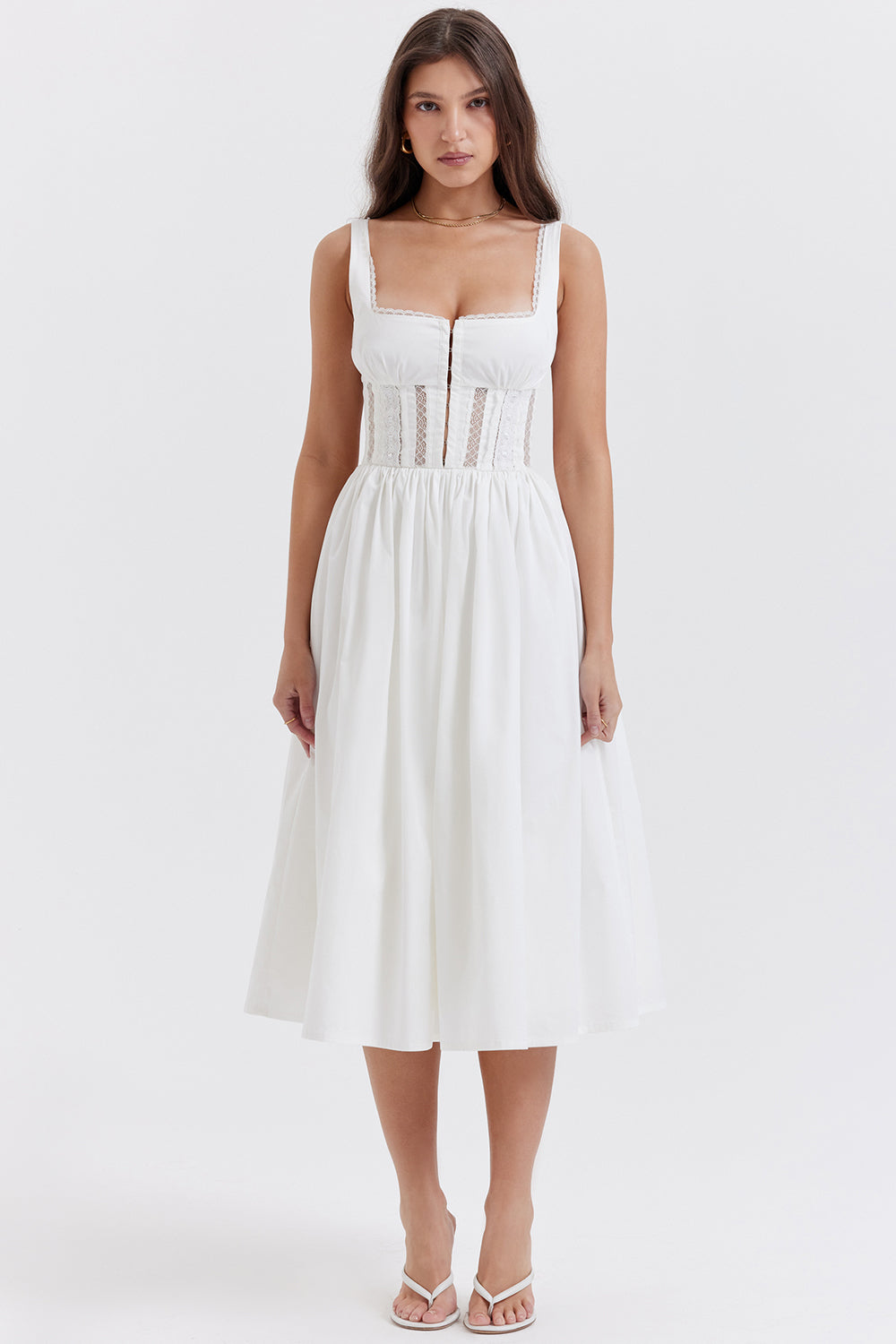 Perle White Lace Trim Midi Dress