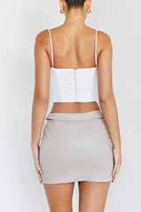AlphaMistress Rocks  Beige Folded Waist Vegan Leather Mini Skirt - SALE