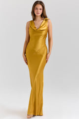 Safaira Amber Satin Draped Cowl Neck Maxi Dress