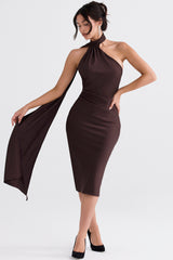 Angelina Chocolate Wrap Neck Midi Dress