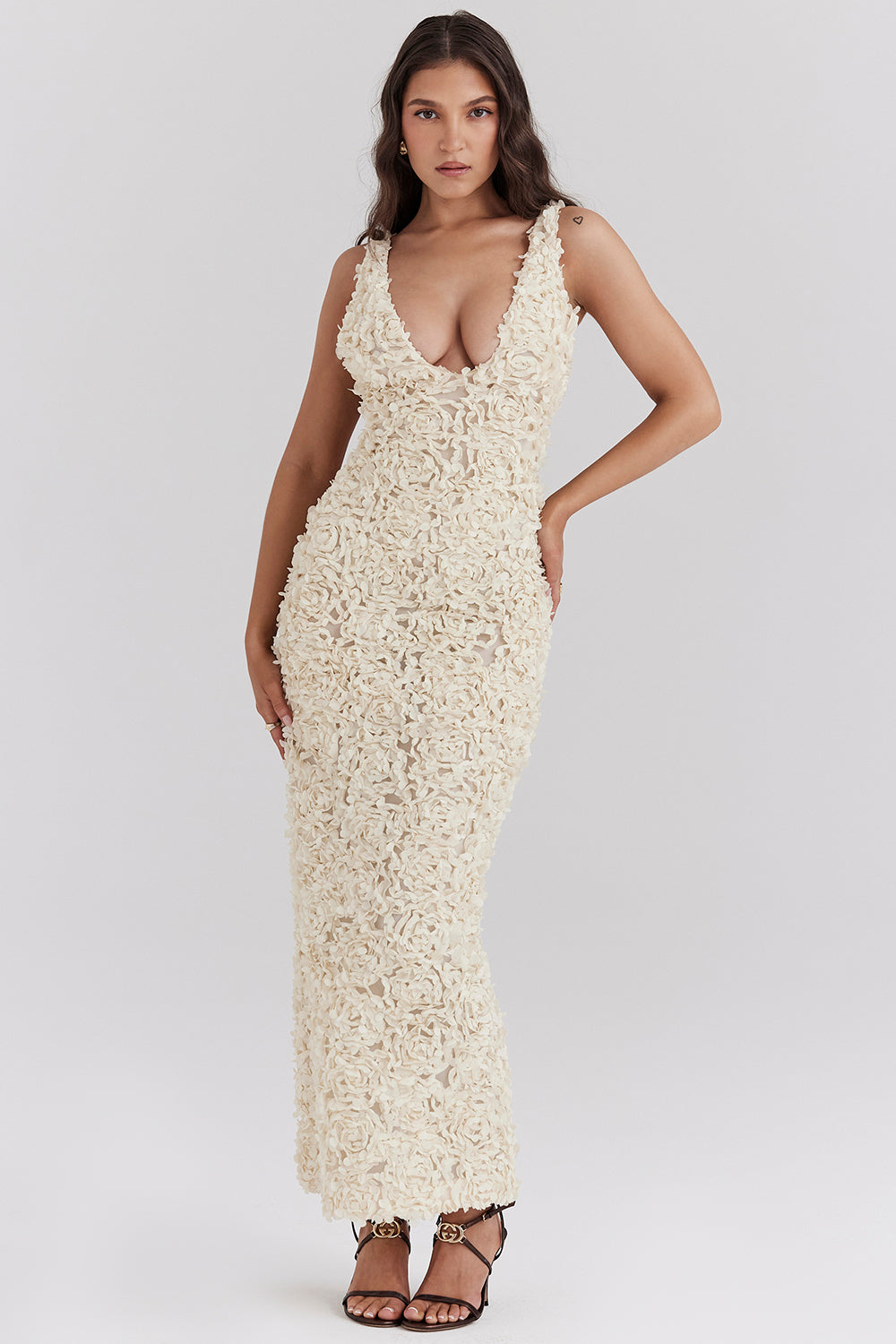 Carena Creme Plunge Floral Appliqué Maxi Dress