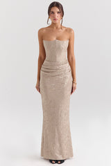 Persephone Pale Gold Chiffon Mesh Strapless Corset Maxi Dress