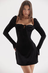 Babydoll Black Velvet Halter Mini Dress