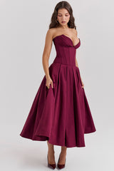 Lady Wine Strapless Midi Dress