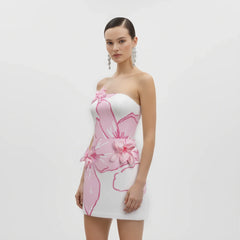 Mini Dress with Pink Floral Appliqués - White/Pink
