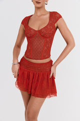Mistress Rocks Red Rose Lace Mini Skirt - SALE