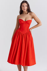 Elizabeth Italian Tomato Strapless Midi Sundress