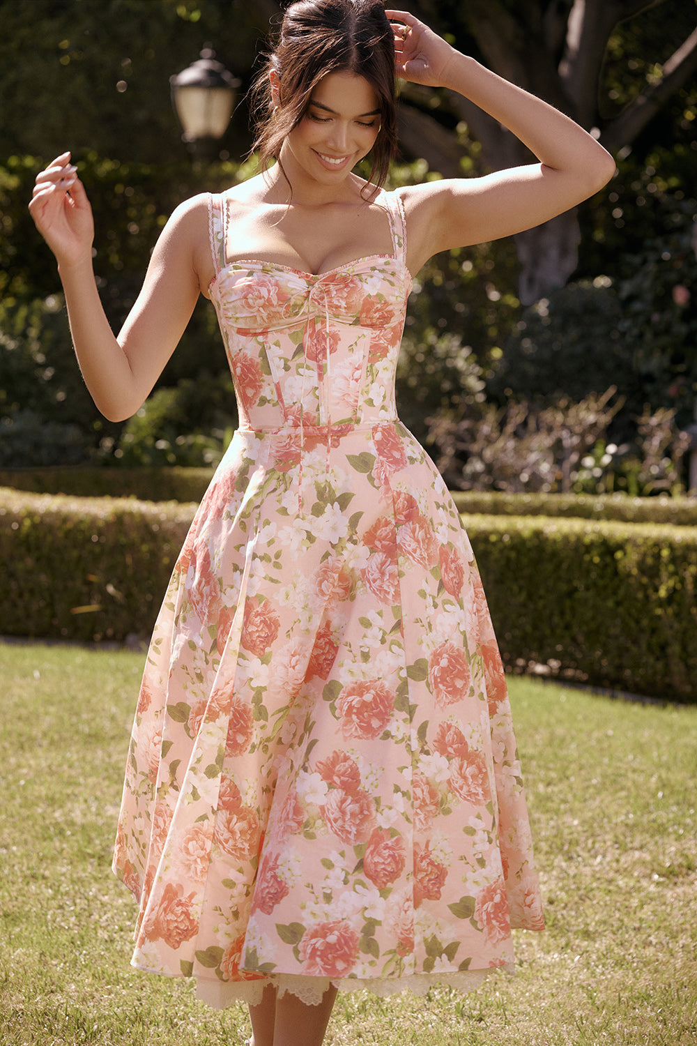 Rosalee Pink Peony Print Cotton Bustier Sundress