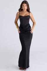Valentina Black Satin Draped Corset Maxi Dress