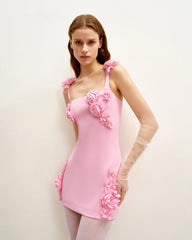 Elaina Pink Rosette Applique Mini Dress-Pink