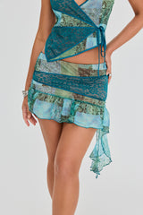Mistress Rocks Ocean Teal Print Asymmetric Mini Skirt - SALE