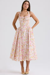 Adabella Pink Meadow Print Cotton Halter Midi Sundress