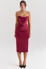 Santana Berry Satin Strapless Midi Dress