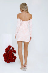 Couture Clarity Off Shoulder Lace Mini Dress Blush