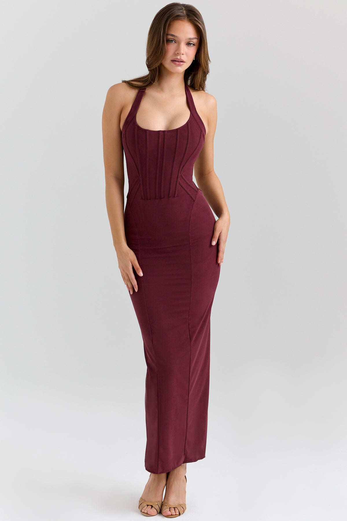 Lusilla Grape Stretch Mesh Halter Neck Midi Dress